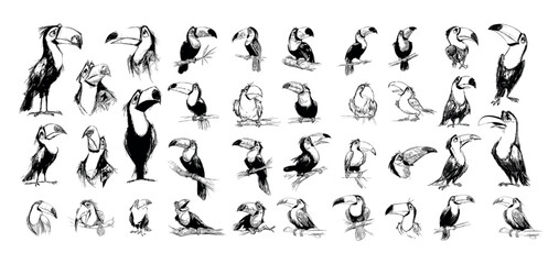 Fototapeta premium Toucan bird black ink sketch vector set. Animal beak feather wing branch tropical jungle forest wildlife nature fauna drawing outline monochrome hand drawn character portrait isolated on white