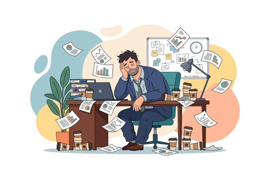 Overworked businessman sleeping at his desk surrounded by coffee cups and scattered papers