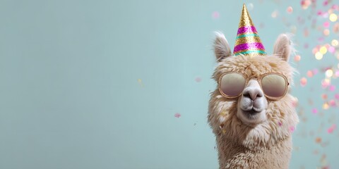Fototapeta premium Llama wearing party hat and sunglasses on blue background with confetti