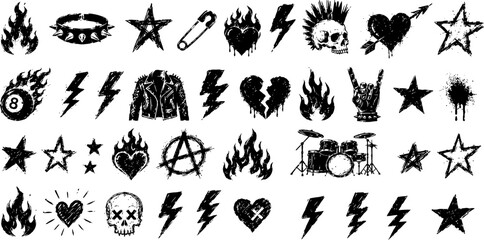 Obraz premium Punk rock grunge symbol set with skulls, flames, hearts, stars, lightning bolts and music icons