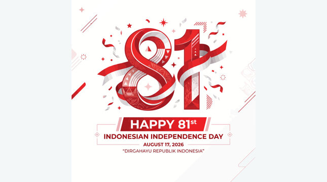 Happy 81st Indonesian Independence Day celebration with red and white ribbons and confetti