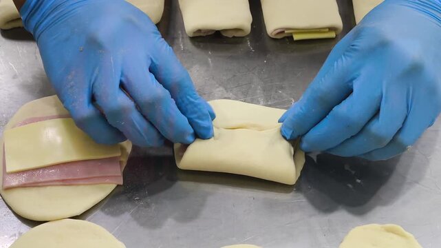 Close-up of gloved hands shaping a ham and cheese puff pastry