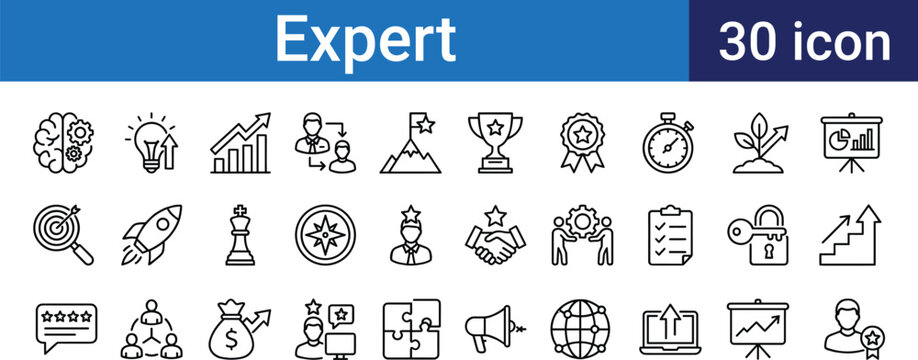 Expert skill level icons set with creative business growth and strategy symbols outline.