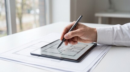 Fototapeta premium Architect using digital stylus on tablet device