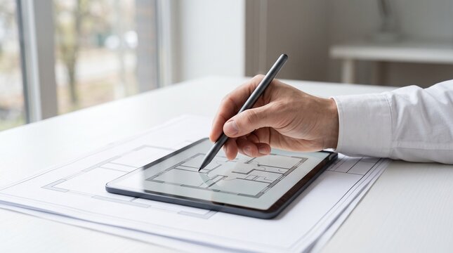Architect using digital stylus on tablet device