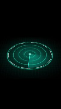 Green circular radar screen with sweep scan line. Radar screen symbol for marine sonar tracking navigation display. Digital radar screen animation for technology interface.