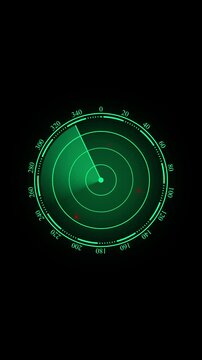 Green radar screen with moving target blips graphics. Radar screen symbol for aviation tracking defense sonar display. Digital radar screen animation for technology interface.