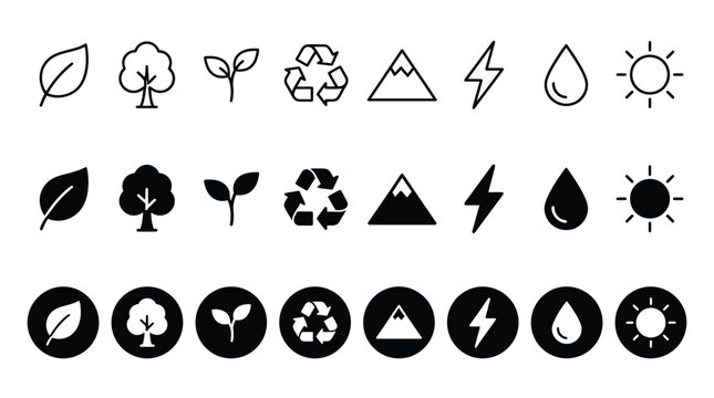 Minimalist vector icon set representing various environmental sustainability themes in bold black and white lines