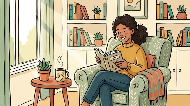 Offline Cozy Reading Nook. A single reader sits in a sunlit corner with a book, a mug, and a small plant; heavy marker outlines create a warm, invitin