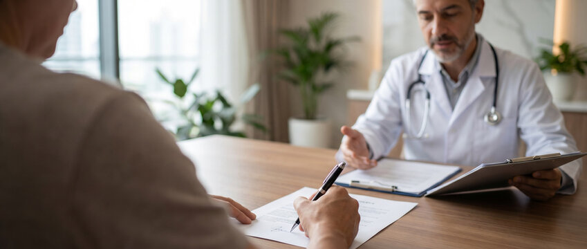 Patient signs medical consent documents as physician provides guidance during healthcare consultation, highlighting informed decision making, patient care and clinical communication with copy space.