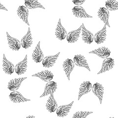 Fototapeta premium seamless pattern freedom wings hand drawn. glide spread, flap hover, flutter ascend freedom wings black sketch illustration