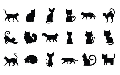 Fototapeta premium Collection of feline silhouettes in diverse poses against a clean white background for graphic design