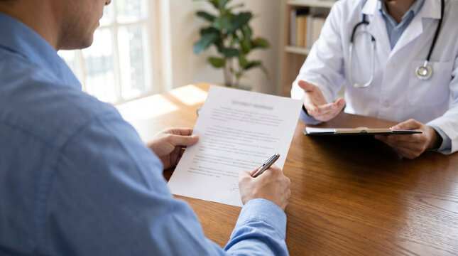 Patient signs medical consent documents as physician provides guidance during healthcare consultation, highlighting informed decision making, patient care and clinical communication with copy space.