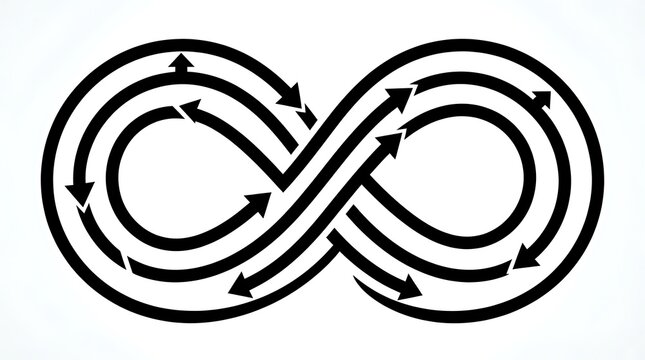 Infinity symbol with flowing arrows. Continuous loop icon representing endless progress.