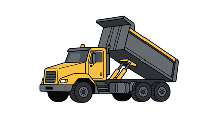 Fototapeta premium A heavy industrial yellow dump truck performs essential transportation duties at a busy construction site to haul away massive piles of gravel and loose earth during ongoing infrastructure