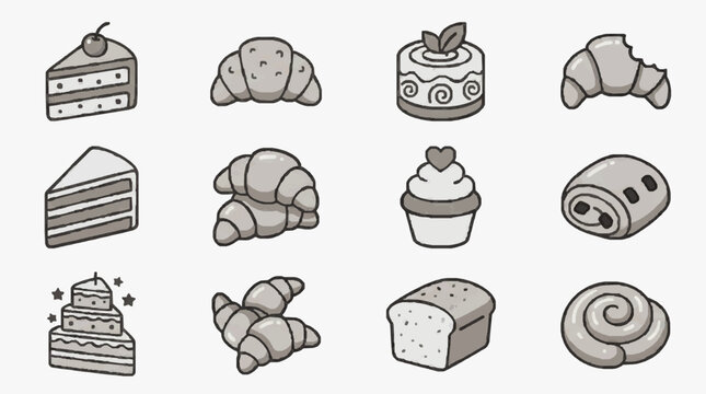 Modern Minimalist Line Drawing Set of 12 Delicious Pastries and Desserts in Monochrome Style with high quality professional line art symbols for modern creative design and digital branding projects