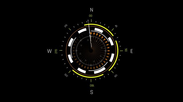 Futuristic HUD Compass Navigation Interface with Rotating Circular Rings and Cardinal Directions for Sci-Fi Editing