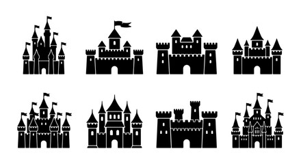 Fantasy Castle Silhouettes Collection, Medieval Fortress Icons, Fairytale Kingdom Architecture, Royal Palace Vector Set © Sakil