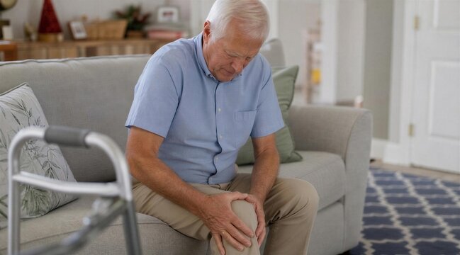 Senior man experiencing knee pain on sofa