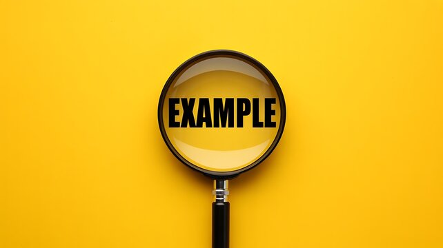 Magnifying glass highlighting example text on yellow background with search and analysis concept