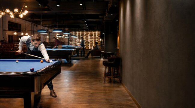 Man playing billiards in modern lounge hall