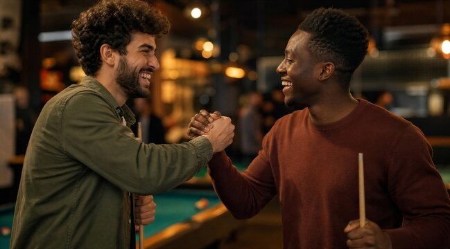 Men greeting with fist bump at pool hall