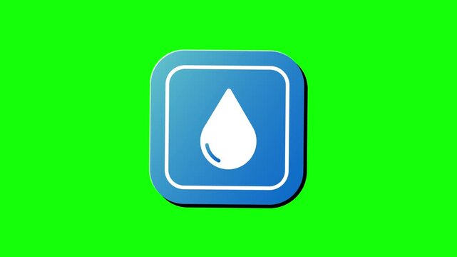  Blue rounded square button animation with white water drop icon on chroma key green background