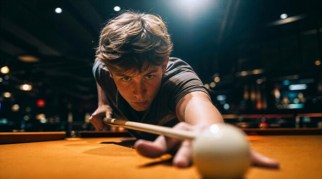 Man playing pool in nighttime bar with dramatic lighting
