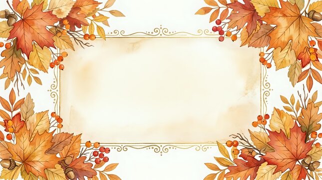Autumn leaves and berries frame an ornate rectangular border with decorative corners on cream background, suitable for fall seasonal designs, invitations, and greeting cards.