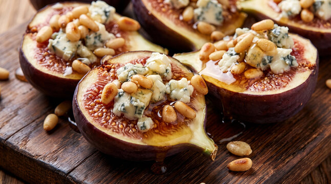 Baked purple figs with creamy blue cheese and honey macro texture