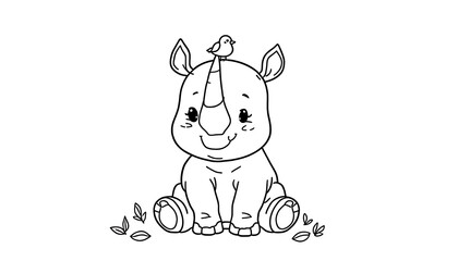 Adorable baby rhino with tiny bird on horn. Playful wildlife scene featuring a cheerful young rhinoceros and perched bird, capturing innocence and... © Xornax