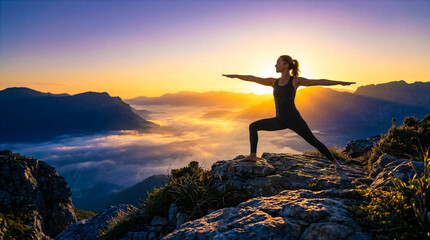 Fototapeta premium Woman performs yoga pose on rocky surface at mountain peak. Sunrise illuminates landscape with valleys and hills. Concept wellness, fitness, outdoor activities