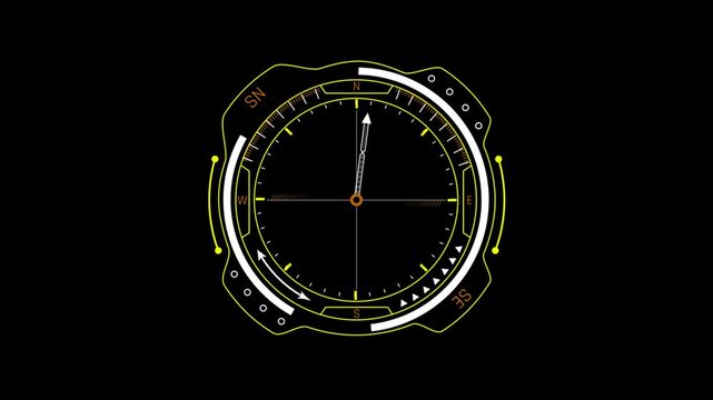 Futuristic HUD Compass UI Overlay with Rotating Scale and North Arrow Indicator for Sci-Fi Video Production