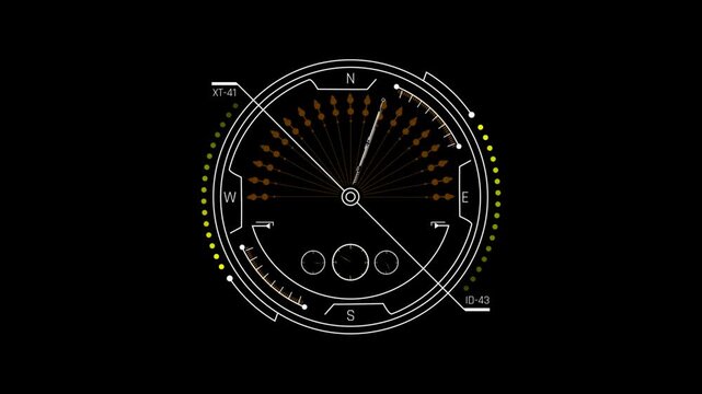 Futuristic HUD Compass UI Overlay with White Needle Pointer and Orange Radial Radar Dot Mesh for Sci-Fi Video Editing