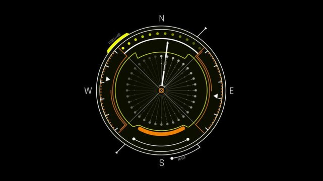 Futuristic HUD Compass Navigation Screen with Radial Radar Sweep and North Needle Indicator for Video Editing