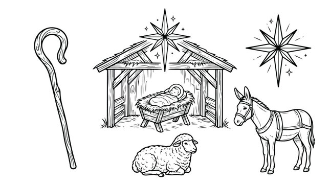 Hand drawn Christmas nativity scene elements, vintage religious line art set with baby Jesus in manger, Bethlehem star and stable vector