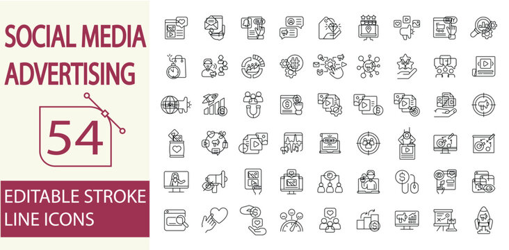 54 Social Media Advertising Icons Set &ndash; Digital Marketing, Online Campaigns, Paid Ads, Brand Promotion, Audience Engagement, and Marketing Strategy Vector Icons.