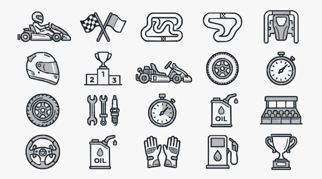 Industrial Monochrome Line Art Icons Set Featuring Racing Motorsport and Maintenance Equipment with high quality professional line art symbols for modern creative design and digital branding projects