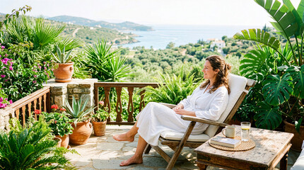 Woman sits on wooden chair enjoying view of coast with greenery and flowers around. Bright sunny day with blue sky and calm sea in background. Concept of travel, relaxation, wellness