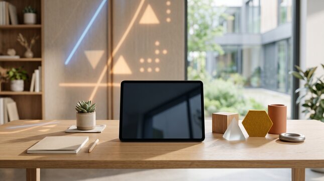 modern office desk wooden table minimalist decor indoor plants tablet computer notebook pen geometric decorations sunlight window view home office interior design