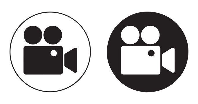 Retro film camera icon inside circle outline and solid black circle modern symbol for vintage movie making.