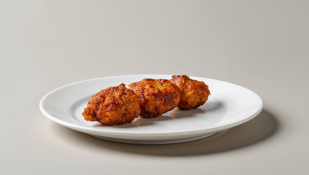 Three deep-fried chicken wings on a white plate with golden brown fast food party food finger food photography appetizer delicious restaurant takeaway appetizing barbecue teriyaki