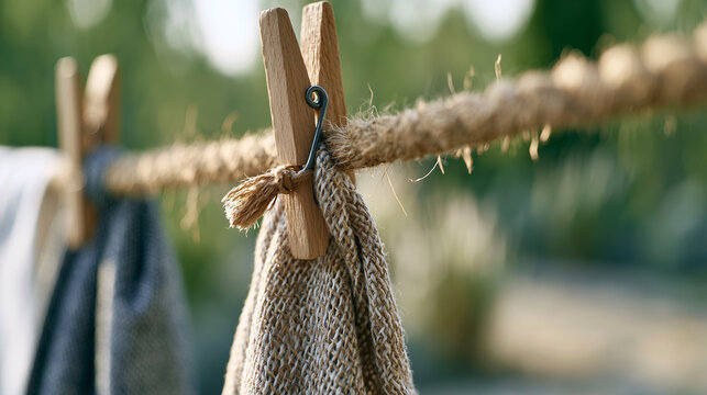Wooden clothespins holding rustic linen towels hanging on a thick rope clothesline outdoors.
