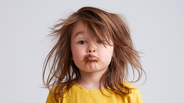 Portrait of a messy little girl with chocolate around her mouth making a funny face.