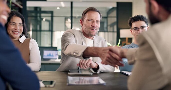 Happy, meeting or business people with handshake for interview, agreement or partnership together. Businessman, employees or shaking hands with candidates for onboarding, hiring or recruiting process