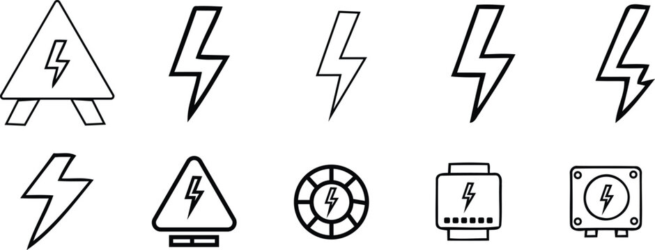 Electrical hazard and warning icons set black and white line art