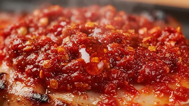 Close-up of grilled meat topped with spicy red chili sauce and visible seeds, delicious Asian street food dish