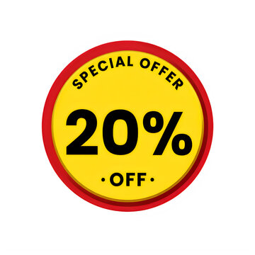 Yellow circle label with 20 percent off special offer text