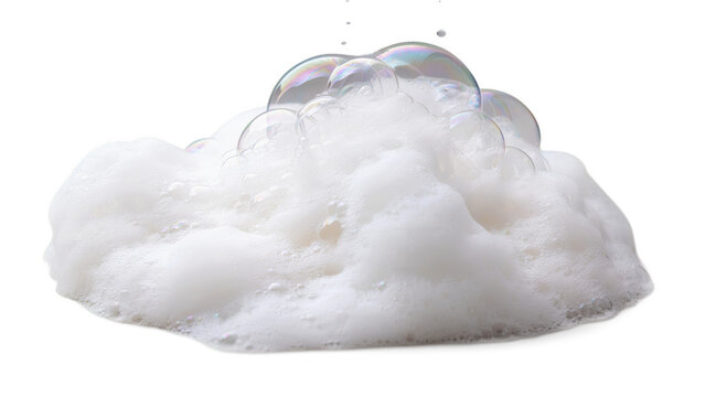 Bubbles forming in fluffy soap foam during a clean wash isolated on transparent background
