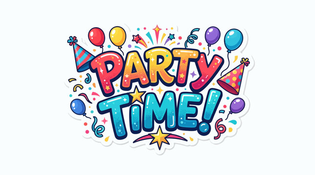 Vibrant and colorful text phrase declaring party time features cheerful confetti and festive balloons to help promote social gatherings or celebratory events for people who enjoy planning